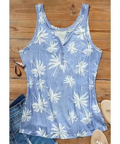 Coconut Tree Button Notched Neck Tank Tops for Women Sleeveless Henley Shirts Ribbed Button Racerback Tops Blue $11.19 Tanks