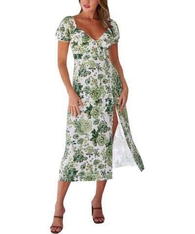 Womens Midi Floral Dress Puff Sleeve Summer Slit Dress Sweetheart Neck Ruched Bust Smocked Back Dress with Side Zipper White ...