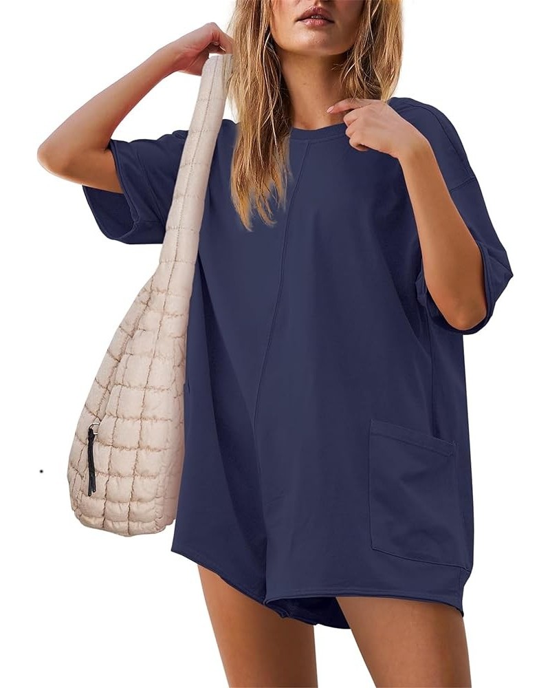 Rompers For Women Oversized Hot Shot Tee Romper Casual Backless V Neck Workout Jumpsuits with Pockets Dark Blue $18.80 Rompers