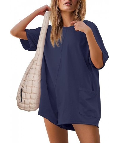 Rompers For Women Oversized Hot Shot Tee Romper Casual Backless V Neck Workout Jumpsuits with Pockets Dark Blue $18.80 Rompers