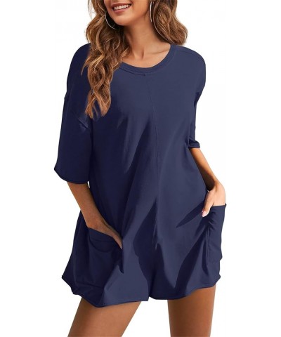 Rompers For Women Oversized Hot Shot Tee Romper Casual Backless V Neck Workout Jumpsuits with Pockets Dark Blue $18.80 Rompers