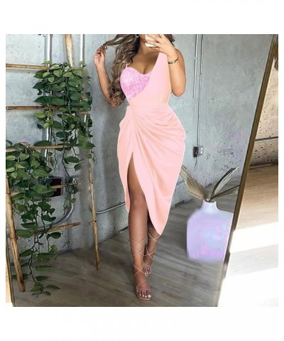 Prom Dresses for Women Retro Print Fashion Sexy Sequin Slit Maxi Smocked One Shoulder Formal Evening Party Dress 01-pink $14....