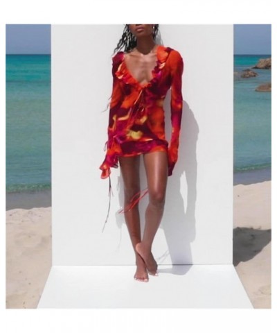 Women Y2k Sexy Ruffle Hem Dress See Through Bikini Cover Up Dress Side Split Sheer Mesh Swim Beach Sundress Orange-c $10.59 S...