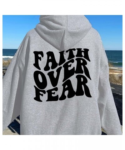 Faith Over Fear Hoodies for Womens Christian Sweatshirt Graphic Print Long Sleeve Drawstring Pullover Tunic Grey 2 $12.75 Hoo...