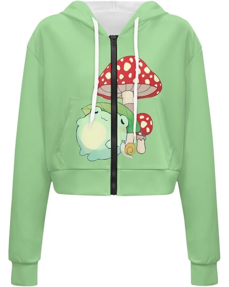 Women's Y2K Hoodies Casual Long Sleeve Zip Up Drawstring Cropped Hoodie Hooded Crop Jacket Top with Pockets Mushroom Frog Gre...