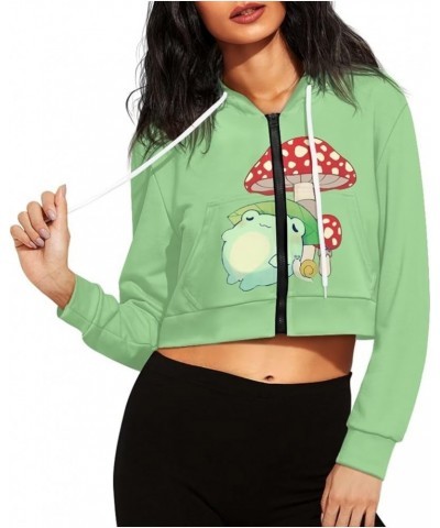 Women's Y2K Hoodies Casual Long Sleeve Zip Up Drawstring Cropped Hoodie Hooded Crop Jacket Top with Pockets Mushroom Frog Gre...