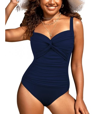 Women's Tummy Control One Piece Swimsuits Front Twist Bathing Suits Slimming Monokini Swimwear New Version Navy $21.31 Swimsuits