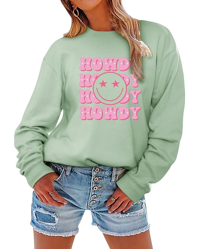 Howdy Happy Graphic Sweatshirt Hip Hop Letter Printing Crew Neck Pullover For Women Olive Green $13.64 Hoodies & Sweatshirts