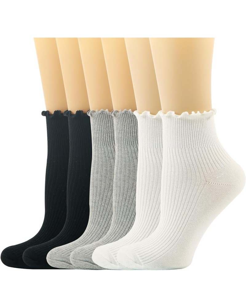 Ruffle Ankle Socks For Women, Cute Lettuce Edge Ruffle Turn Cuff Crew Boot Casual Frilly Socks 6 Packs (2black+2white+2grey) ...