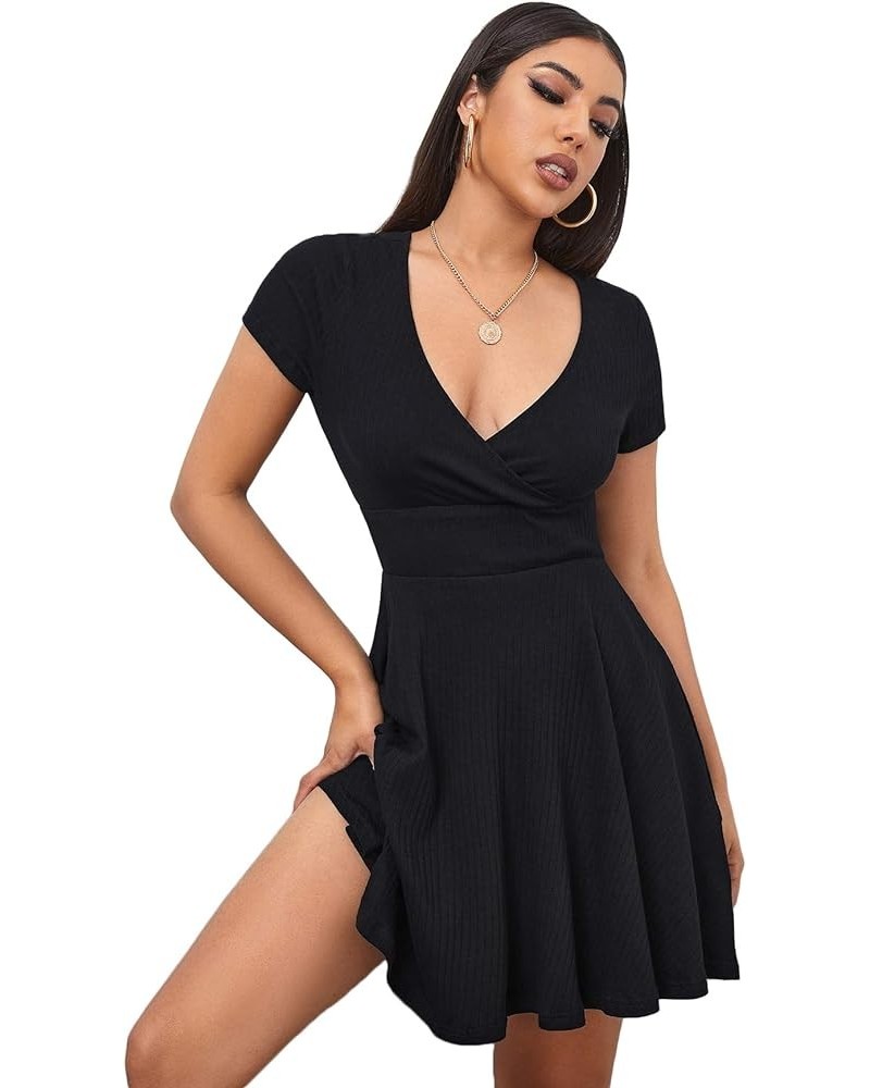 Women's Surplice Neck Short Sleeve Mini Wrap A Line Fit and Flare Dress Black $16.00 Dresses