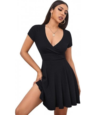 Women's Surplice Neck Short Sleeve Mini Wrap A Line Fit and Flare Dress Black $16.00 Dresses