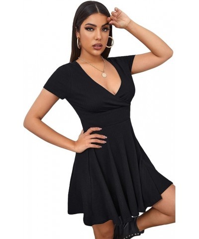 Women's Surplice Neck Short Sleeve Mini Wrap A Line Fit and Flare Dress Black $16.00 Dresses