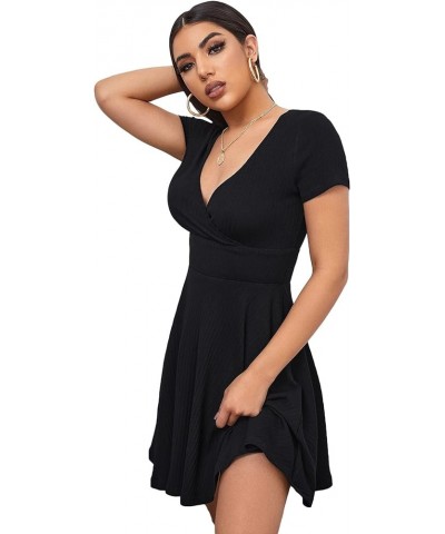 Women's Surplice Neck Short Sleeve Mini Wrap A Line Fit and Flare Dress Black $16.00 Dresses