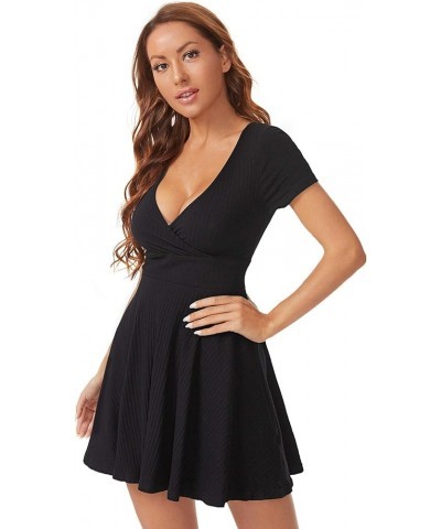 Women's Surplice Neck Short Sleeve Mini Wrap A Line Fit and Flare Dress Black $16.00 Dresses