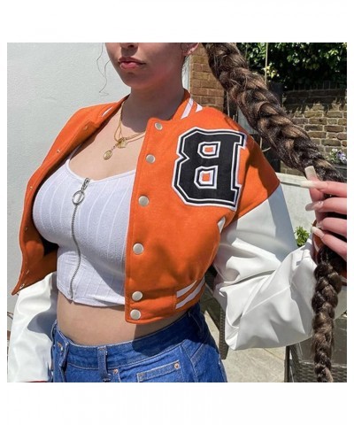 Women's Cropped Varsity Jacket Print Casual Button Down Baseball Bomber Coats Outerwear Orange $12.24 Jackets