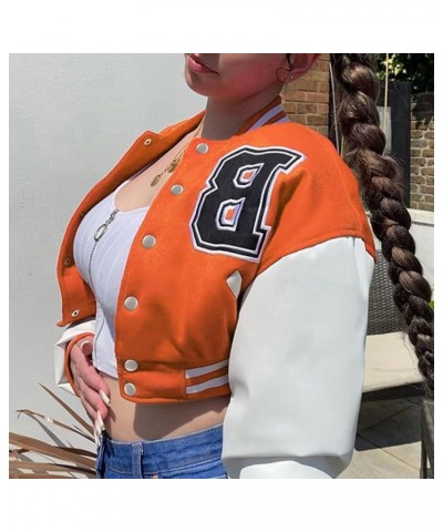 Women's Cropped Varsity Jacket Print Casual Button Down Baseball Bomber Coats Outerwear Orange $12.24 Jackets