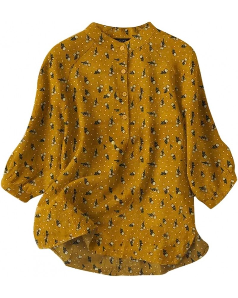 Womens Dress Shirt Spring and Summer Round Neck Button Print Cotton Texture Ruffle Sleeve T Shirts Yellow $10.61 Hoodies & Sw...