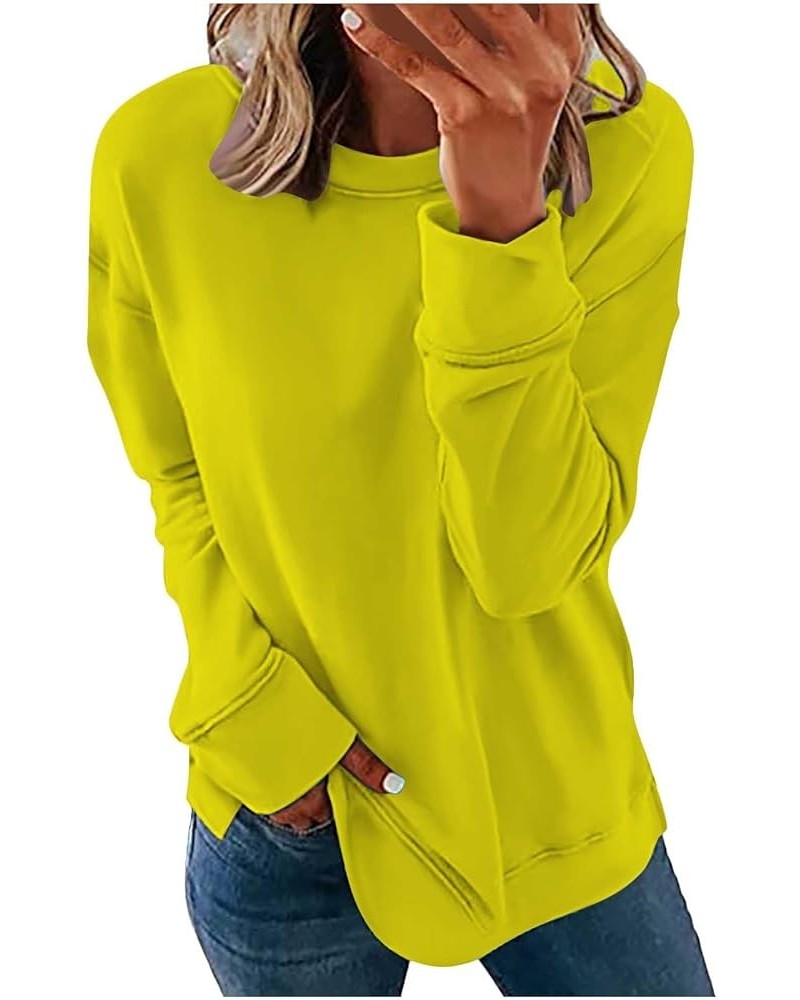 Women Casual 2023 Long Sleeve Shirts Solid Loose Thin Blouse Plus Size Crewneck Aesthetic Pullover Tops Sweatshirt 10 Yellow ...