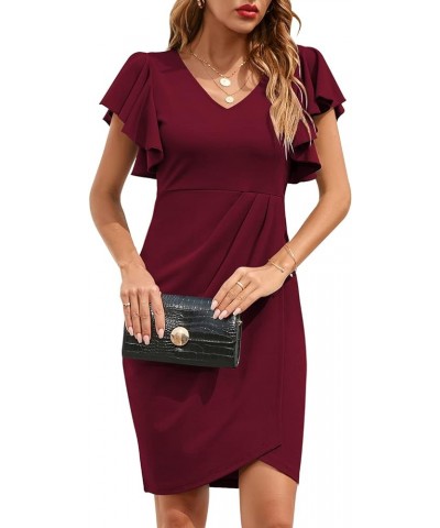 Women's V Neck Ruffle Sleeve Bodycon Sheath Wrap Ruched Casual Cocktail Party Work Dresses Burgundy $28.02 Dresses