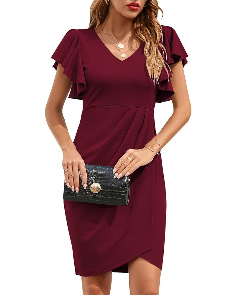 Women's V Neck Ruffle Sleeve Bodycon Sheath Wrap Ruched Casual Cocktail Party Work Dresses Burgundy $28.02 Dresses