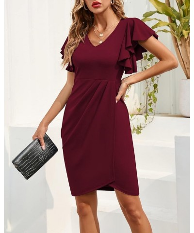 Women's V Neck Ruffle Sleeve Bodycon Sheath Wrap Ruched Casual Cocktail Party Work Dresses Burgundy $28.02 Dresses