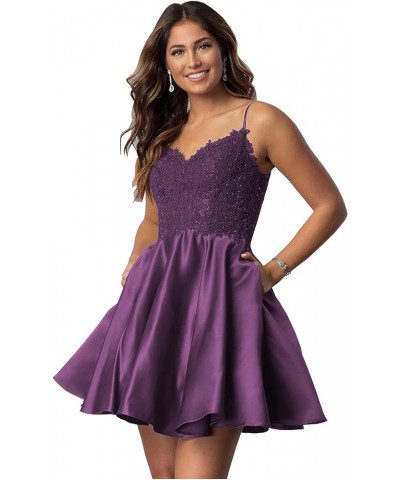 Short Beaded Lace Appliques Satin Homecoming Dresses with Pockets V-Neck Formal Prom Party Gown Plum $38.24 Dresses