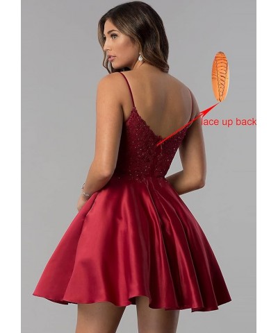 Short Beaded Lace Appliques Satin Homecoming Dresses with Pockets V-Neck Formal Prom Party Gown Plum $38.24 Dresses