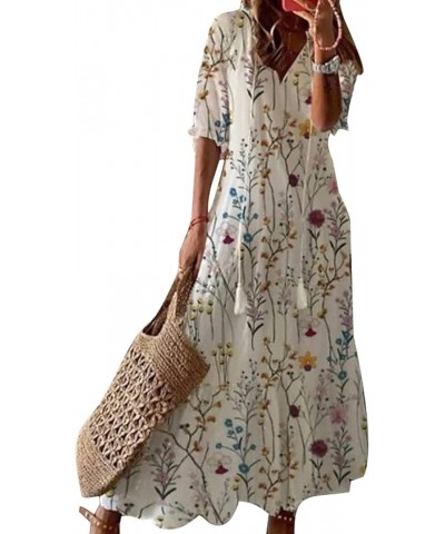 Women's Boho Floral Printed V Neck Ruffle Half Sleeve Tiered Maxi Dress Summer Casual Long Beach Dress White-3 $16.63 Dresses