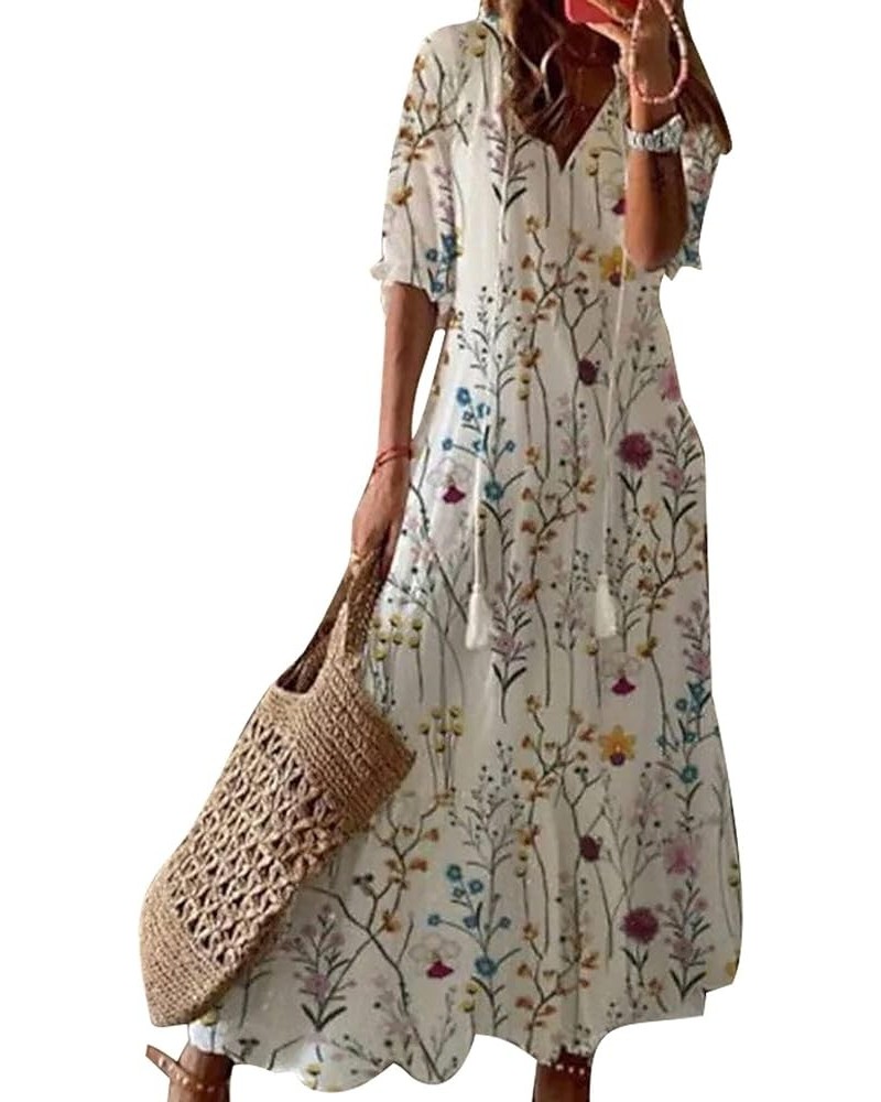 Women's Boho Floral Printed V Neck Ruffle Half Sleeve Tiered Maxi Dress Summer Casual Long Beach Dress White-3 $16.63 Dresses