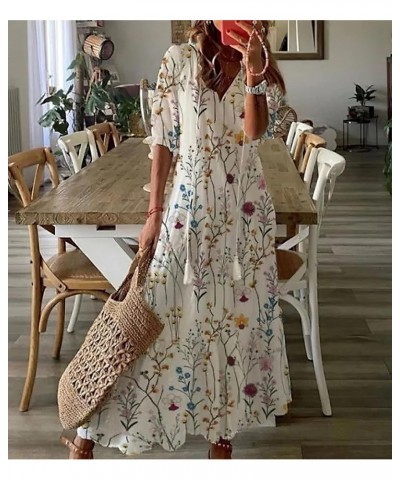 Women's Boho Floral Printed V Neck Ruffle Half Sleeve Tiered Maxi Dress Summer Casual Long Beach Dress White-3 $16.63 Dresses