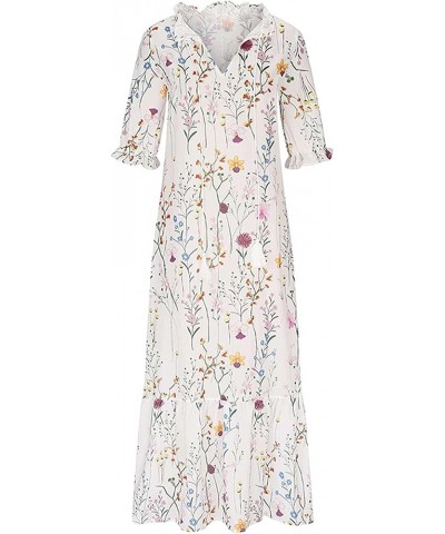 Women's Boho Floral Printed V Neck Ruffle Half Sleeve Tiered Maxi Dress Summer Casual Long Beach Dress White-3 $16.63 Dresses