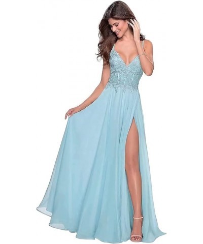 Women's Lace Appliques Prom Dresses Long V Neck Slit Evening Dress Spaghetti Straps Formal Party Gowns Light Blue $39.95 Dresses