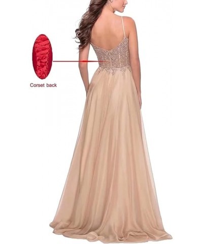 Women's Lace Appliques Prom Dresses Long V Neck Slit Evening Dress Spaghetti Straps Formal Party Gowns Light Blue $39.95 Dresses