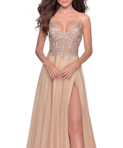 Women's Lace Appliques Prom Dresses Long V Neck Slit Evening Dress Spaghetti Straps Formal Party Gowns Light Blue $39.95 Dresses