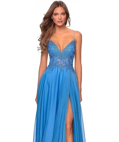 Women's Lace Appliques Prom Dresses Long V Neck Slit Evening Dress Spaghetti Straps Formal Party Gowns Light Blue $39.95 Dresses