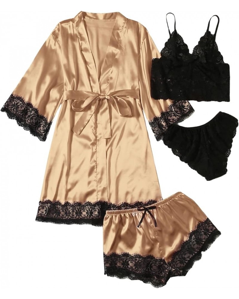 Women's Satin Pajama Set 4pcs Floral Lace Trim Cami Lingerie Sleepwear with Robe Champagne Solid $15.51 Sleep & Lounge