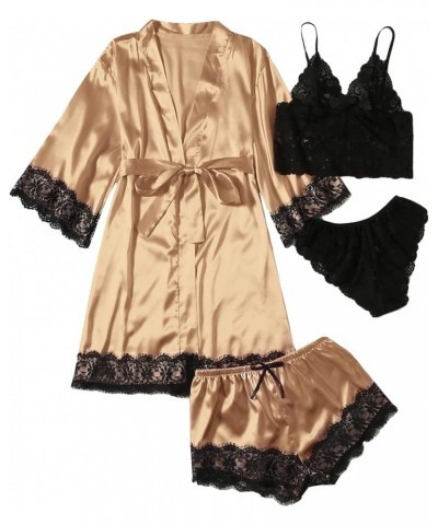 Women's Satin Pajama Set 4pcs Floral Lace Trim Cami Lingerie Sleepwear with Robe Champagne Solid $15.51 Sleep & Lounge