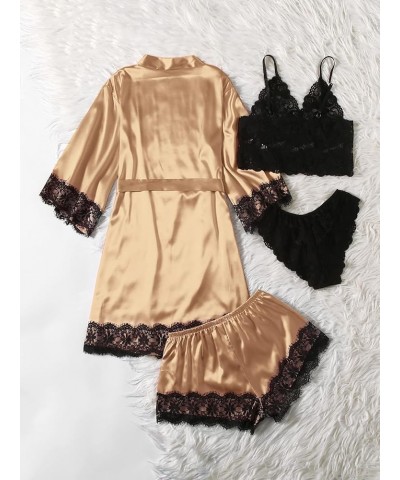 Women's Satin Pajama Set 4pcs Floral Lace Trim Cami Lingerie Sleepwear with Robe Champagne Solid $15.51 Sleep & Lounge