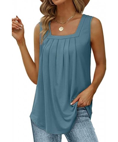 Tank Top for Women Summer Loose Fit Square Neck Sleeveless Tops Pleated Curved Hem 1-blue $10.74 Tanks