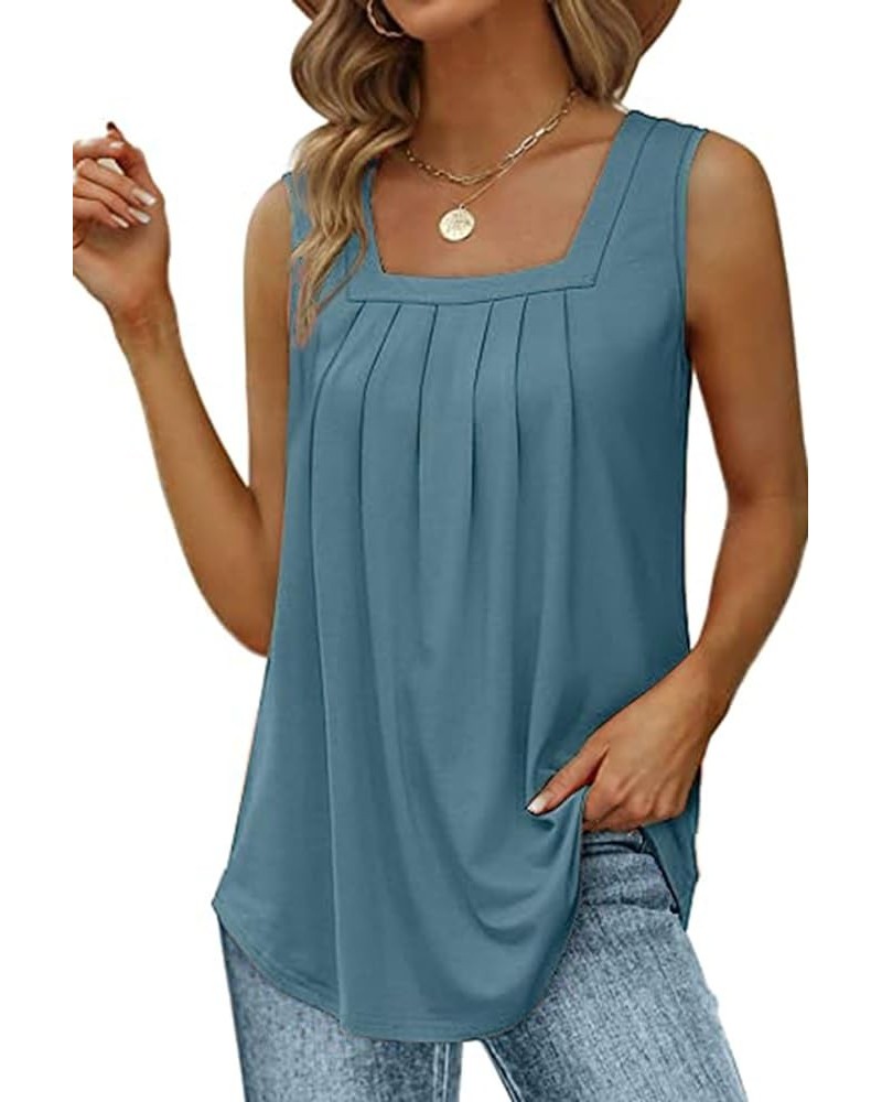 Tank Top for Women Summer Loose Fit Square Neck Sleeveless Tops Pleated Curved Hem 1-blue $10.74 Tanks