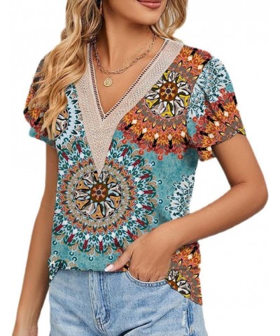 Womens Short Sleeve Summer Tops Trendy Tank Tops Floral Print Lace V Neck Loose Fit Shirts Sun Blue $9.89 Tanks