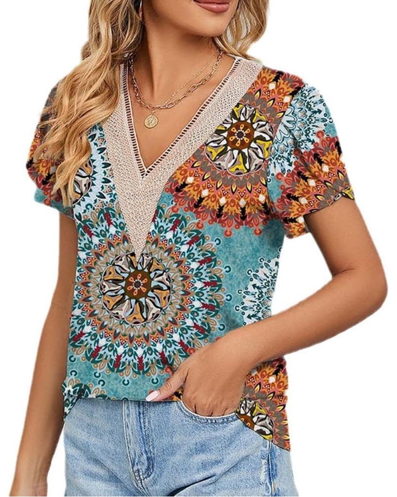 Womens Short Sleeve Summer Tops Trendy Tank Tops Floral Print Lace V Neck Loose Fit Shirts Sun Blue $9.89 Tanks