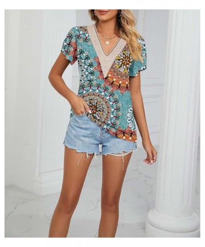 Womens Short Sleeve Summer Tops Trendy Tank Tops Floral Print Lace V Neck Loose Fit Shirts Sun Blue $9.89 Tanks