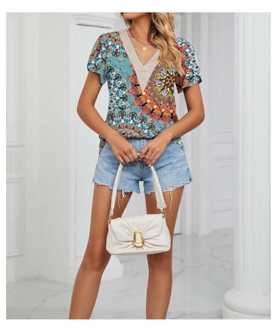 Womens Short Sleeve Summer Tops Trendy Tank Tops Floral Print Lace V Neck Loose Fit Shirts Sun Blue $9.89 Tanks