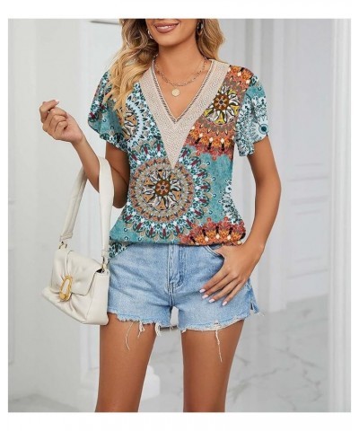 Womens Short Sleeve Summer Tops Trendy Tank Tops Floral Print Lace V Neck Loose Fit Shirts Sun Blue $9.89 Tanks