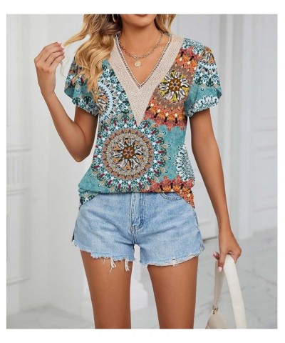 Womens Short Sleeve Summer Tops Trendy Tank Tops Floral Print Lace V Neck Loose Fit Shirts Sun Blue $9.89 Tanks