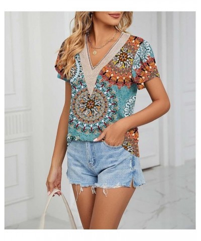 Womens Short Sleeve Summer Tops Trendy Tank Tops Floral Print Lace V Neck Loose Fit Shirts Sun Blue $9.89 Tanks