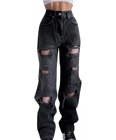 Women's Casual Loose Ripped Denim Pants Boyfriends Jeans Distressed Straight Wide Leg Baggy Pants Y2k Fashion Streetwear Blac...