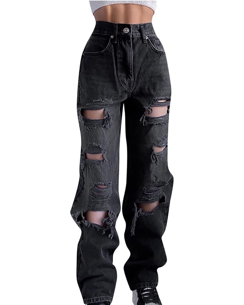 Women's Casual Loose Ripped Denim Pants Boyfriends Jeans Distressed Straight Wide Leg Baggy Pants Y2k Fashion Streetwear Blac...