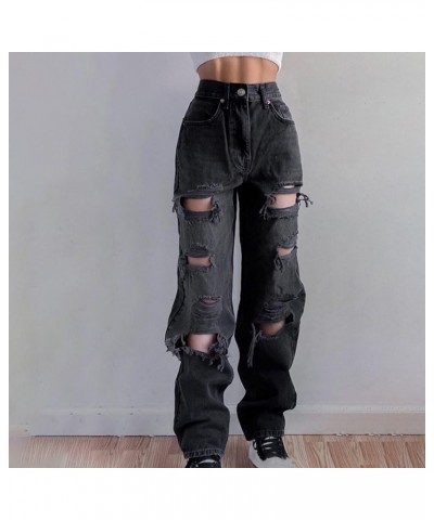 Women's Casual Loose Ripped Denim Pants Boyfriends Jeans Distressed Straight Wide Leg Baggy Pants Y2k Fashion Streetwear Blac...